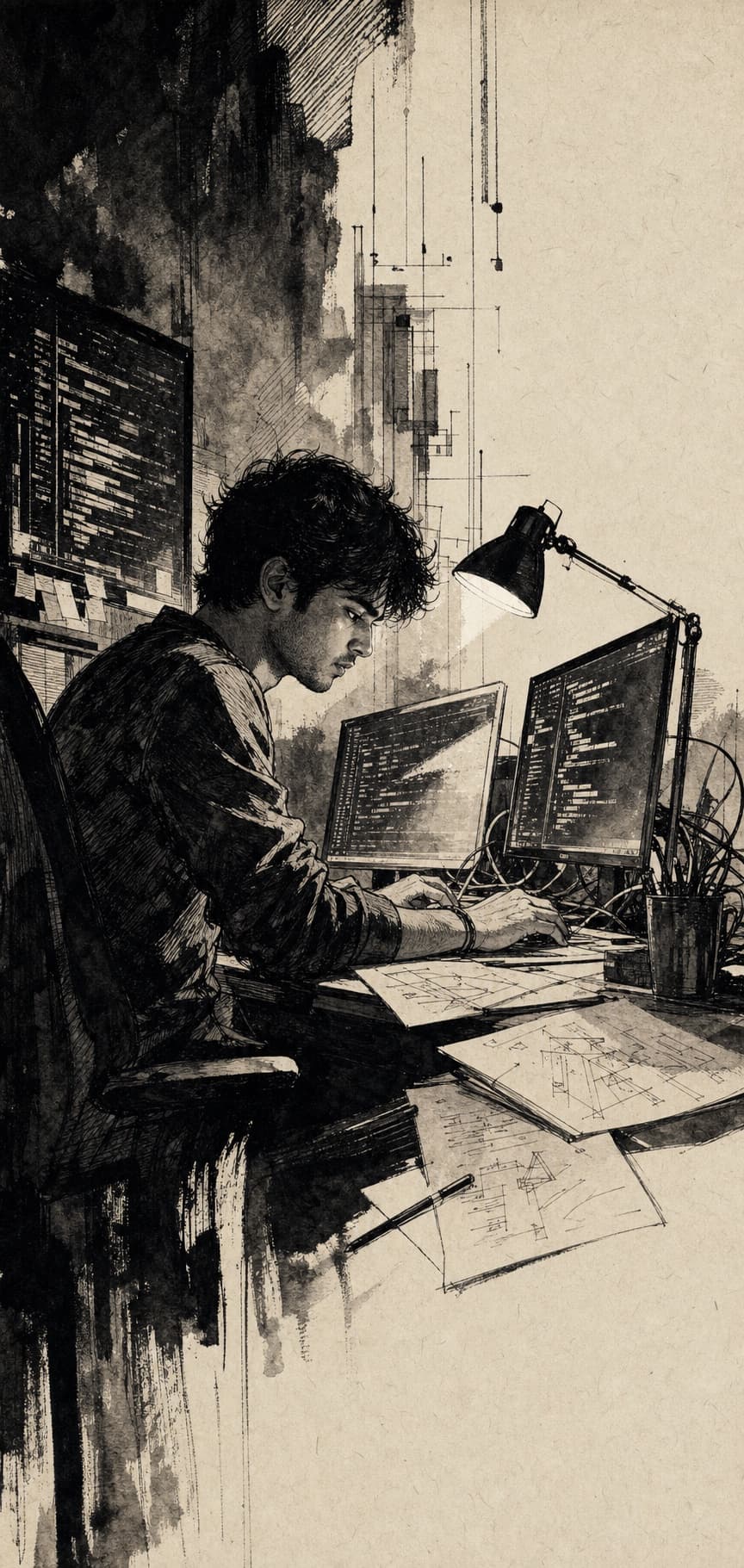Original hand-inked illustration of a developer at work